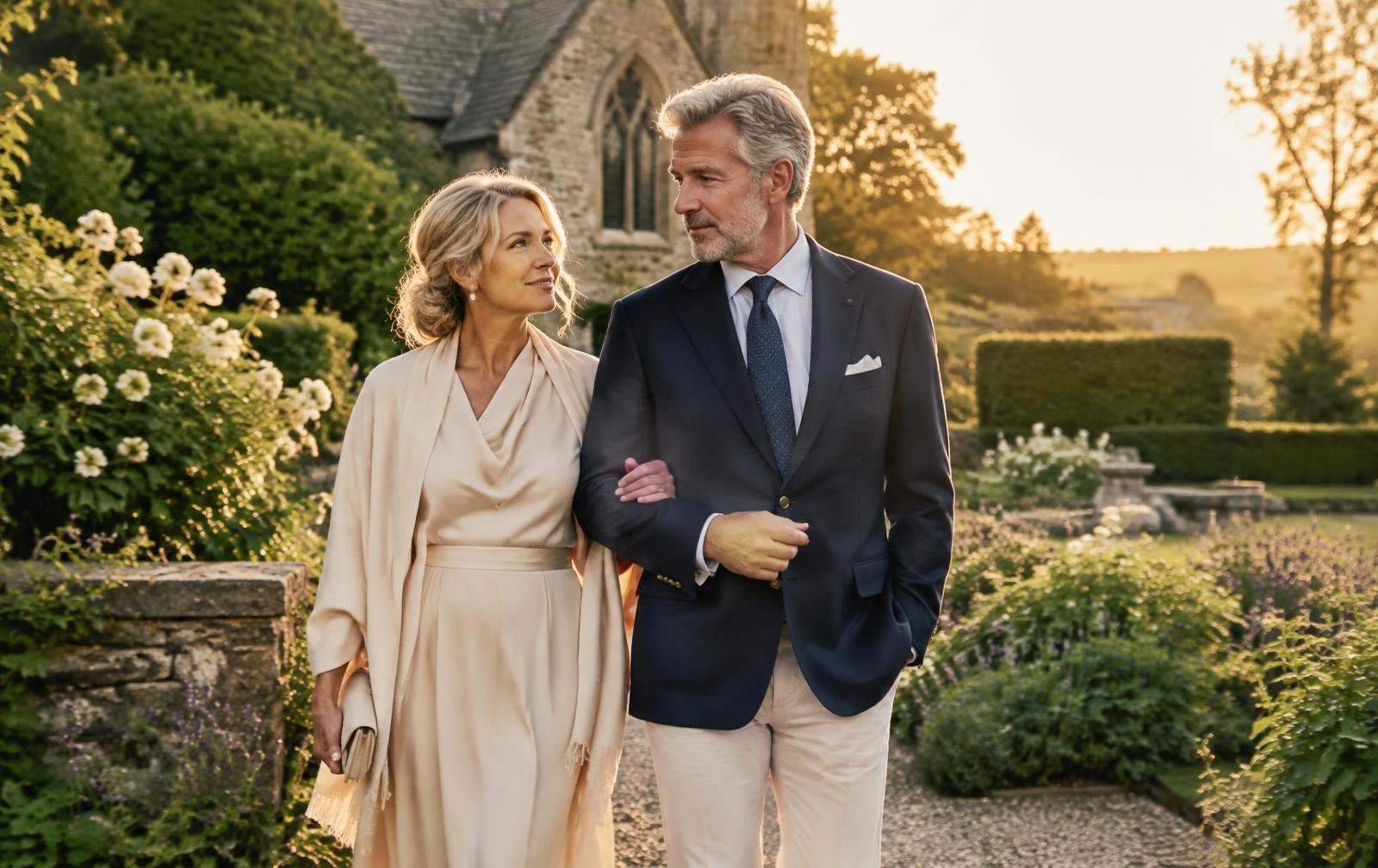 A mature couple walking arm in arm through a church garden